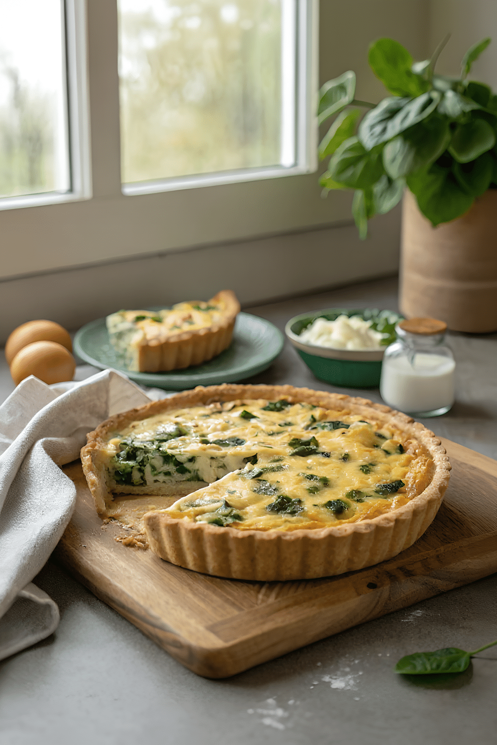 Close view of the finished spinach feta quiche