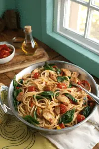 Tomato Spinach Chicken Spaghetti finished dish