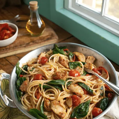 Tomato Spinach Chicken Spaghetti finished dish