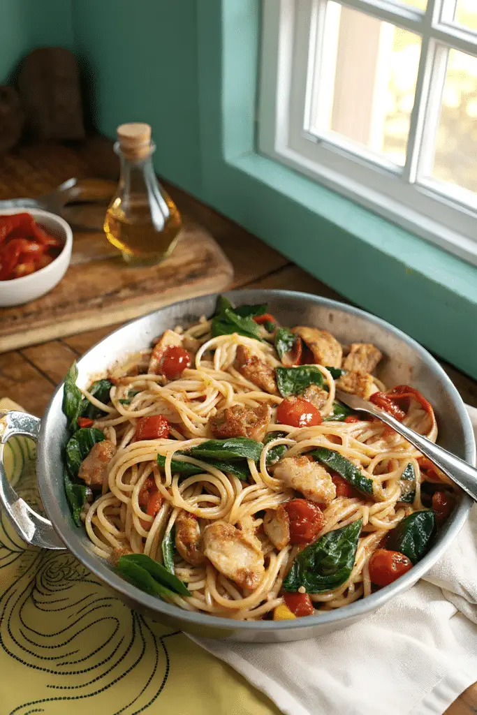 Tomato Spinach Chicken Spaghetti finished dish