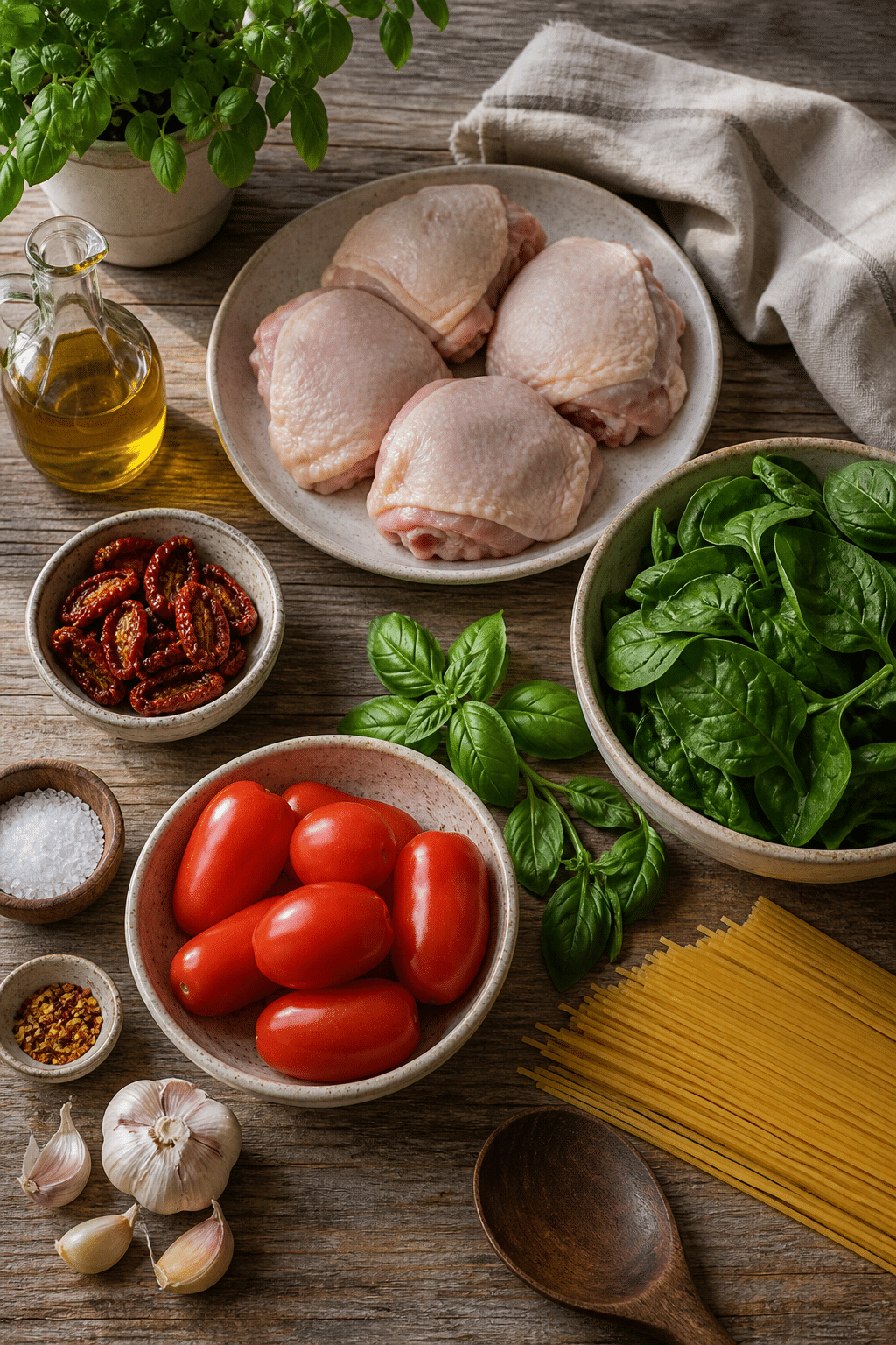 tomato spinach chicken spaghetti ingredients arranged for preparation