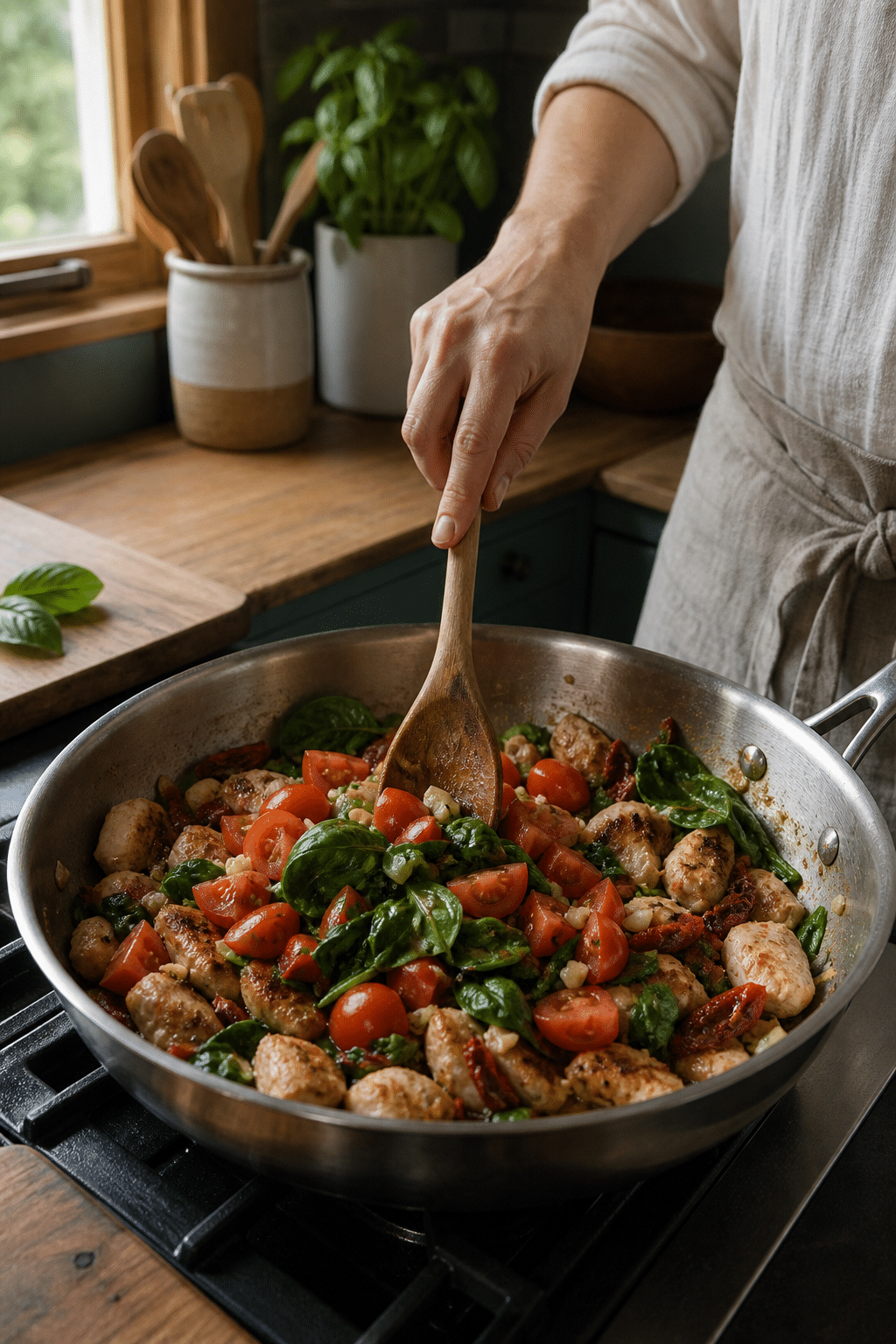 Preparing tomato spinach chicken spaghetti in the reserved kitchen scene