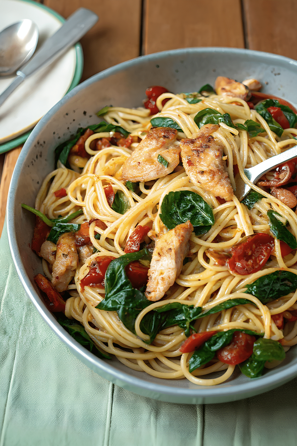 Close view of finished tomato spinach chicken spaghetti