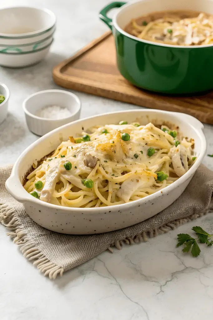 Creamy turkey tetrazzini baked with golden mozzarella