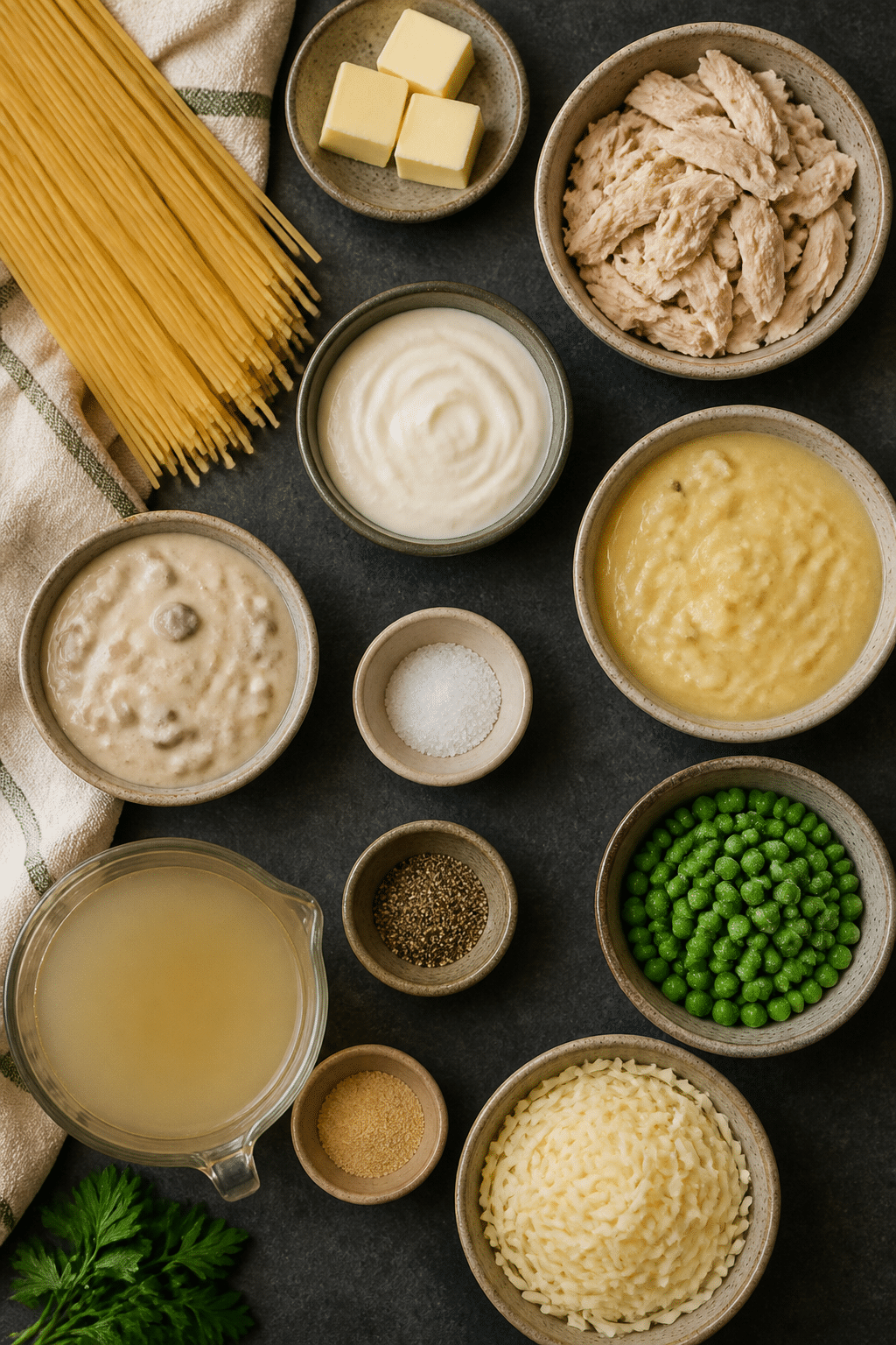 Turkey tetrazzini ingredients arranged on a charcoal stone island