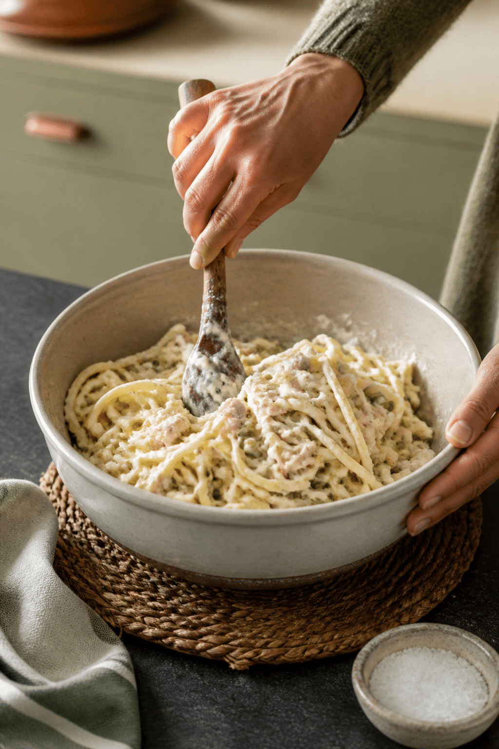 Turkey and creamy sauce being folded into cooked linguine