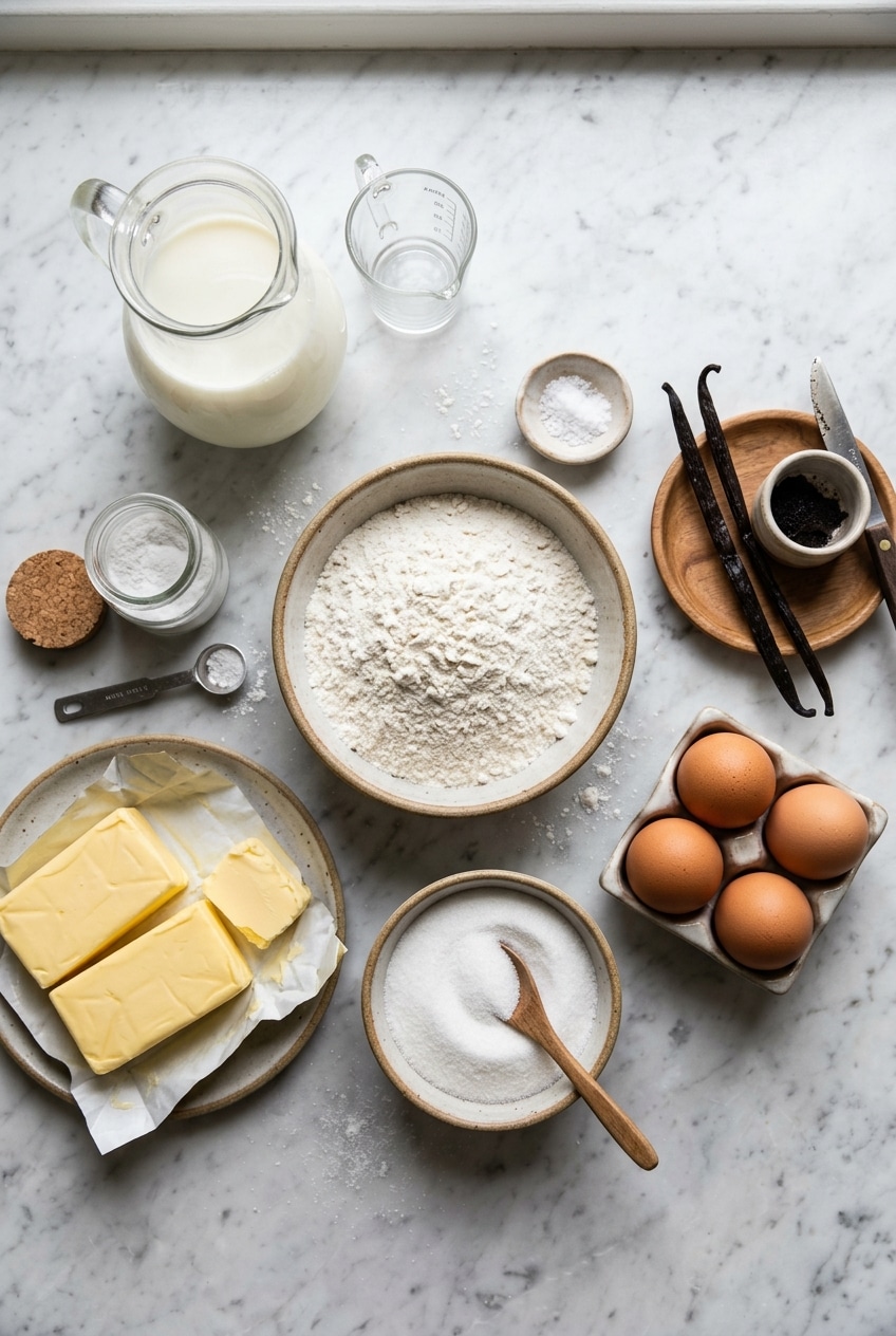 Measured ingredients for vanilla bean cupcakes
