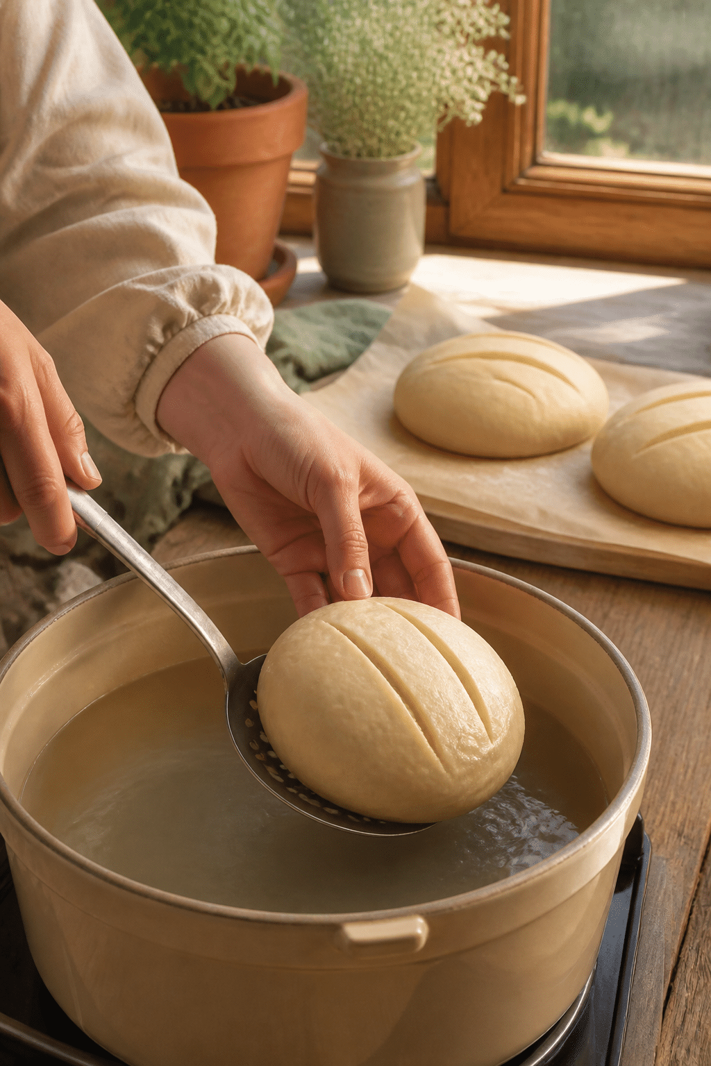 Boiling scored dough for vegan pretzel bread
