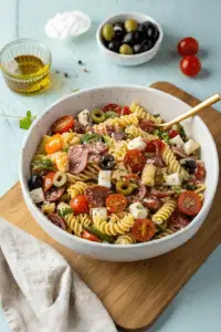 Finished zesty Italian pasta salad ready to serve