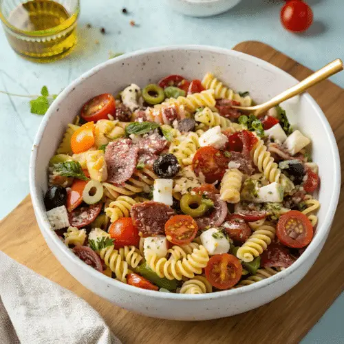 Finished zesty Italian pasta salad ready to serve