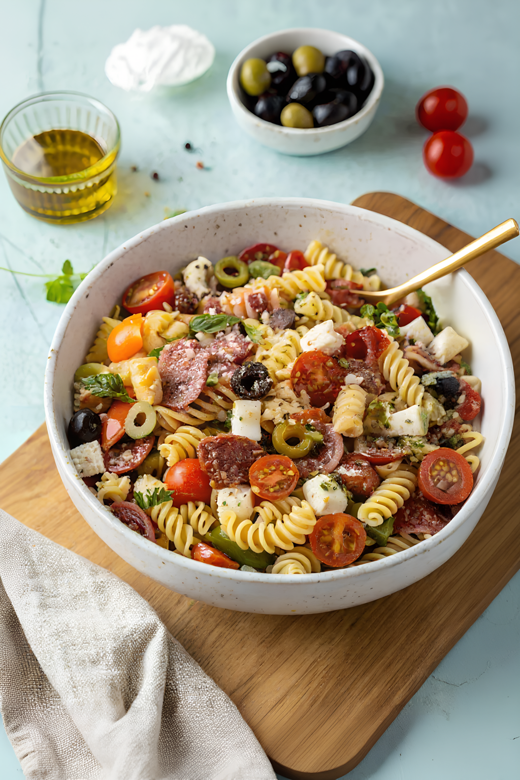 Finished zesty Italian pasta salad ready to serve