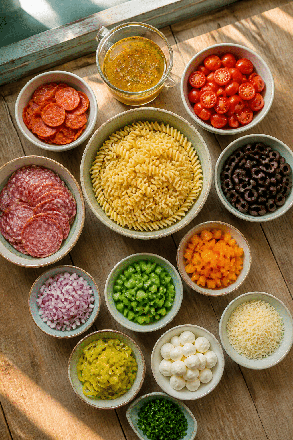Ingredients arranged for zesty Italian pasta salad