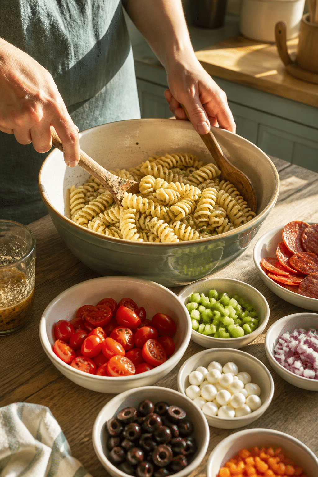 Preparing zesty Italian pasta salad step by step