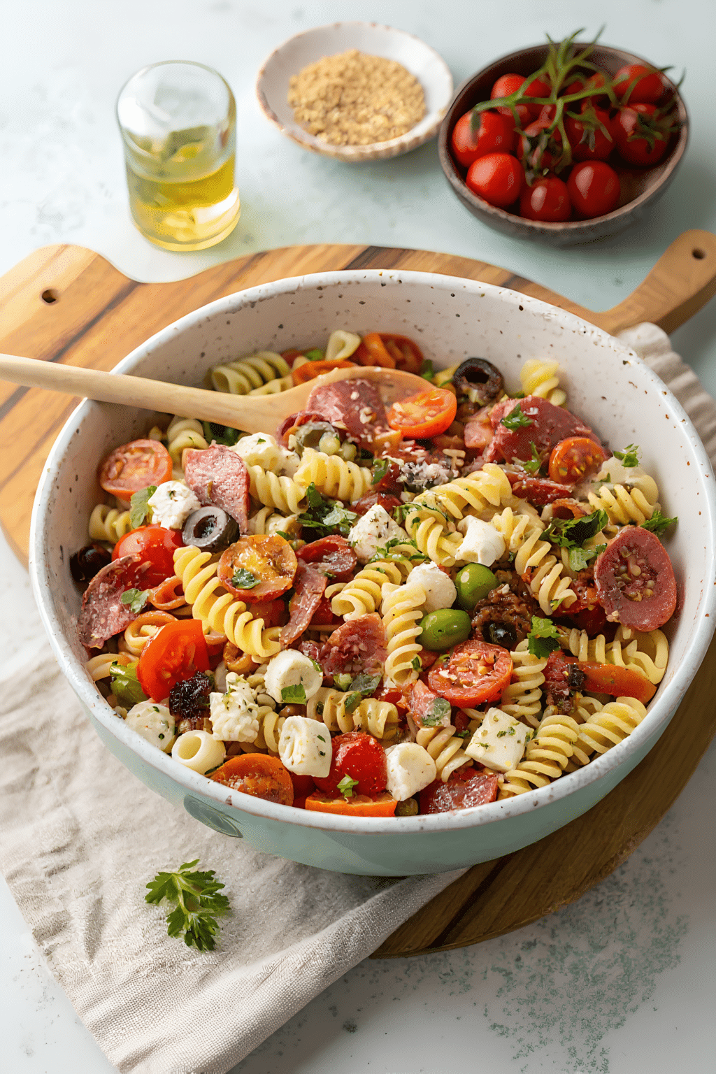 Close view of the finished zesty Italian pasta salad