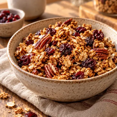 Air fryer cranberry granola with oats, pecans, and cranberries