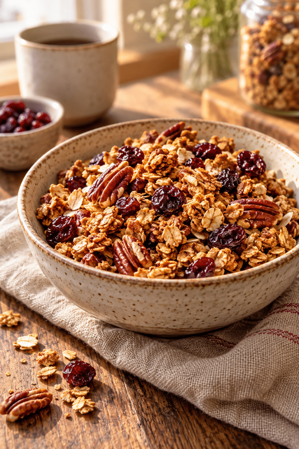Air fryer cranberry granola with oats, pecans, and cranberries