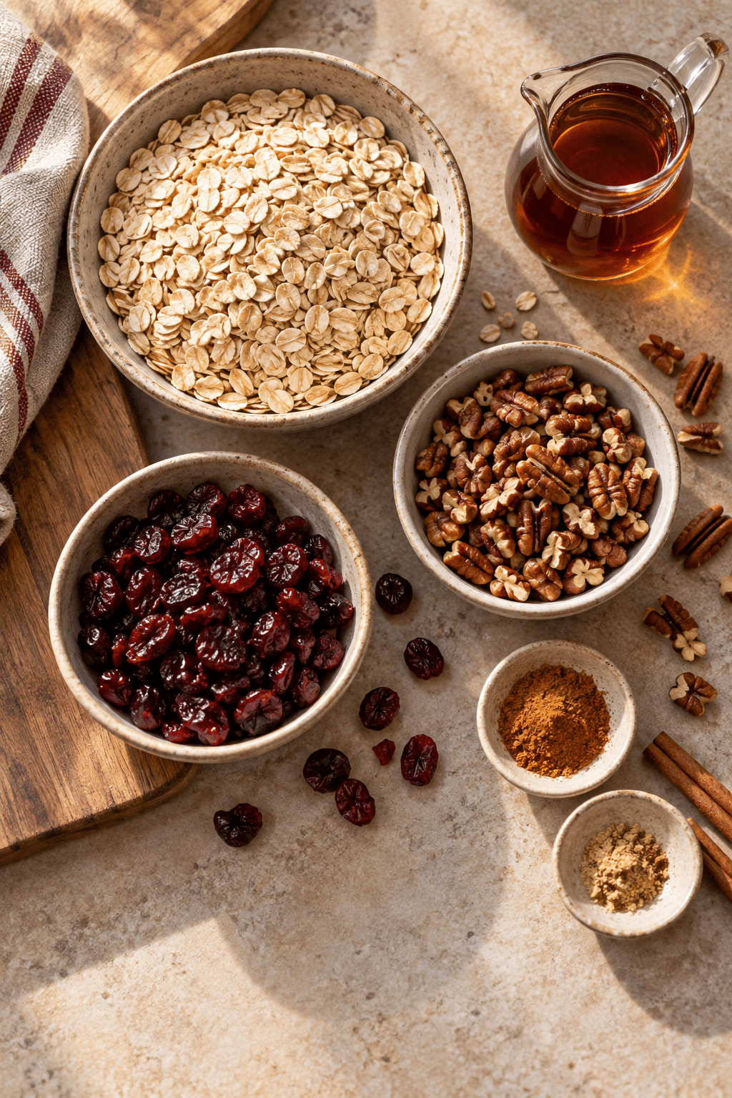 Ingredients for air fryer cranberry granola arranged on a counter