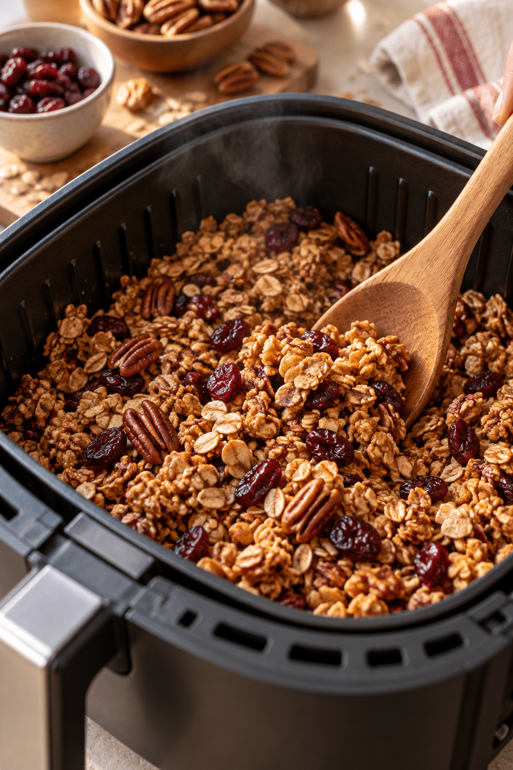 Air fryer cranberry granola mixture cooking until golden and crisp