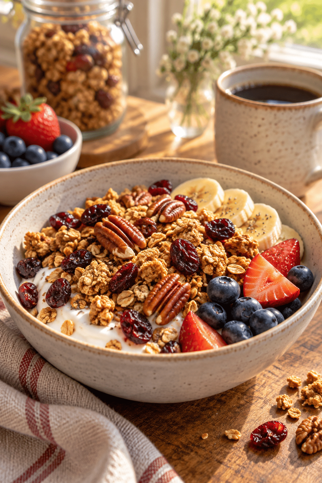Finished air fryer cranberry granola with toasted pecans and cranberries