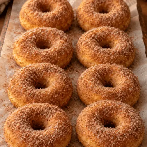 Air fryer donuts coated in cinnamon sugar