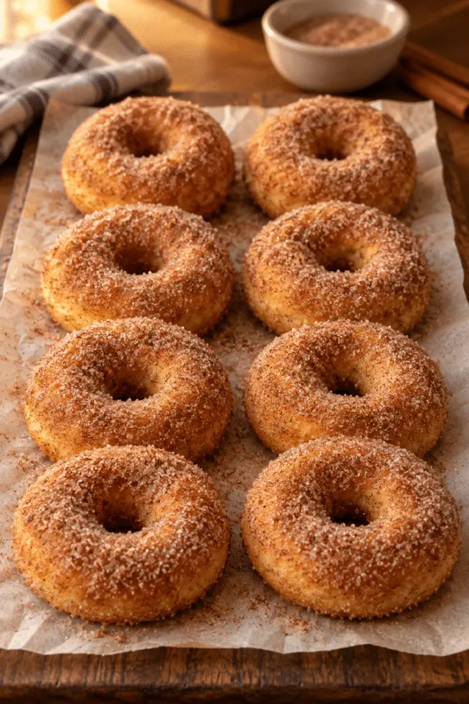 Air fryer donuts coated in cinnamon sugar