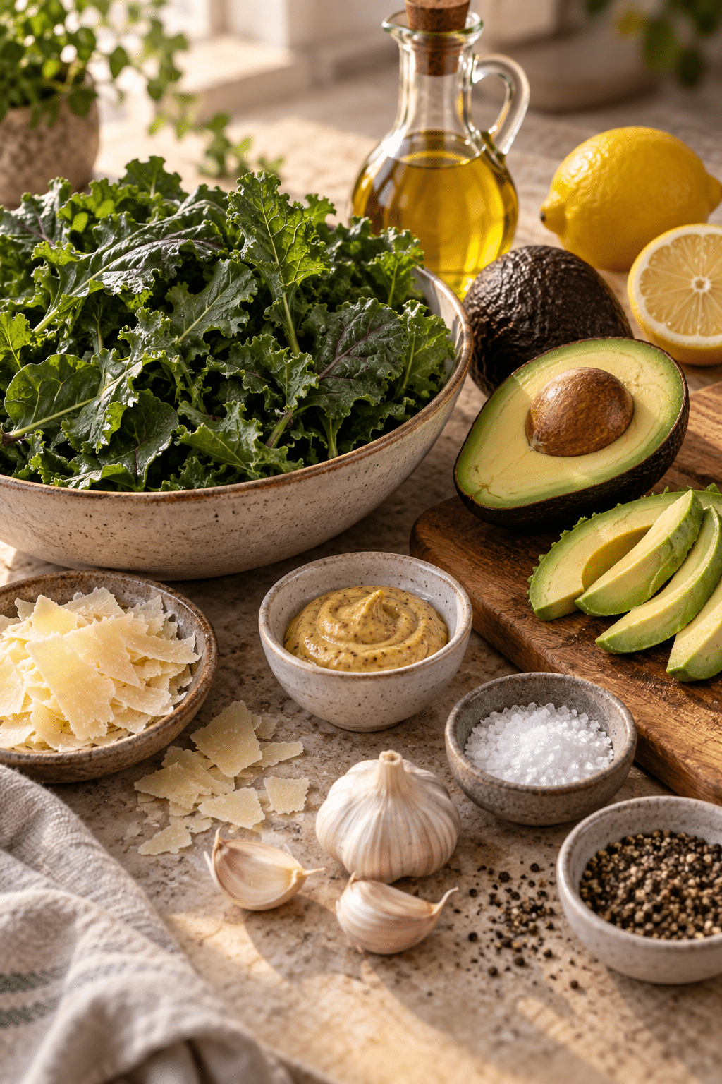 Ingredients for baby kale avocado salad