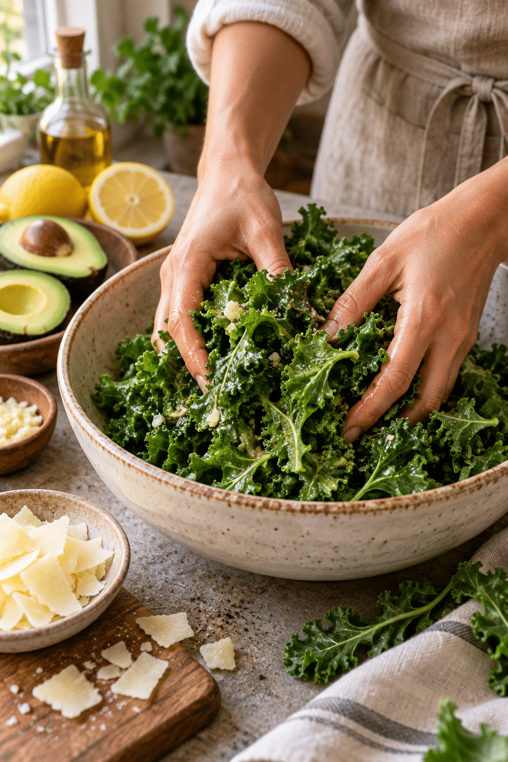 Preparing baby kale avocado salad