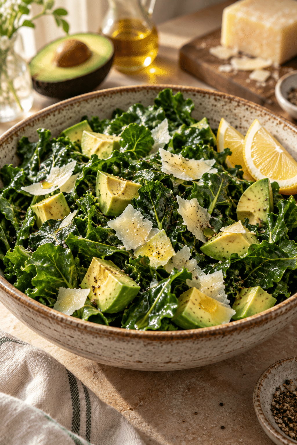 Finished baby kale avocado salad with Parmesan