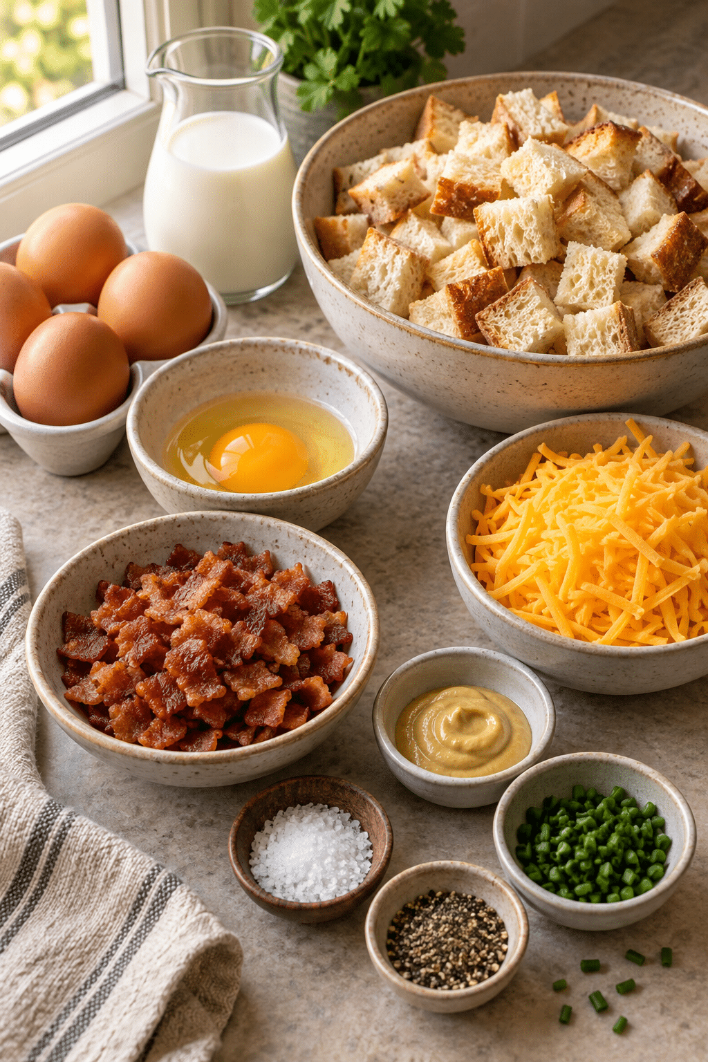 bacon breakfast casserole ingredients arranged for preparation