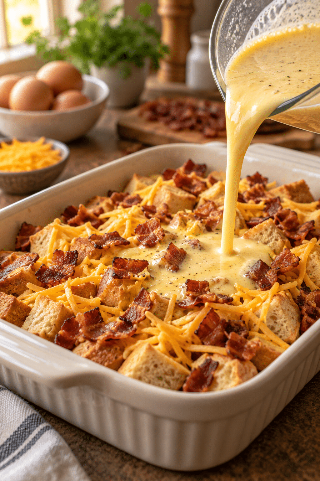 bacon breakfast casserole being assembled before baking