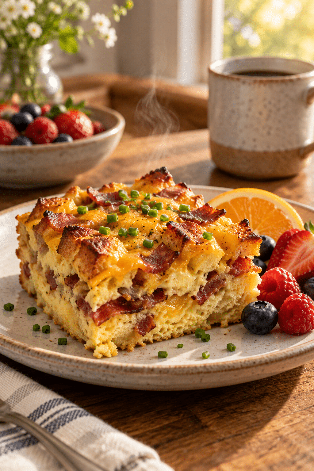bacon breakfast casserole sliced and served warm