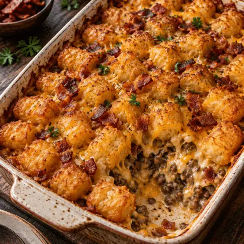 Bacon cheeseburger tater tot casserole finished dish