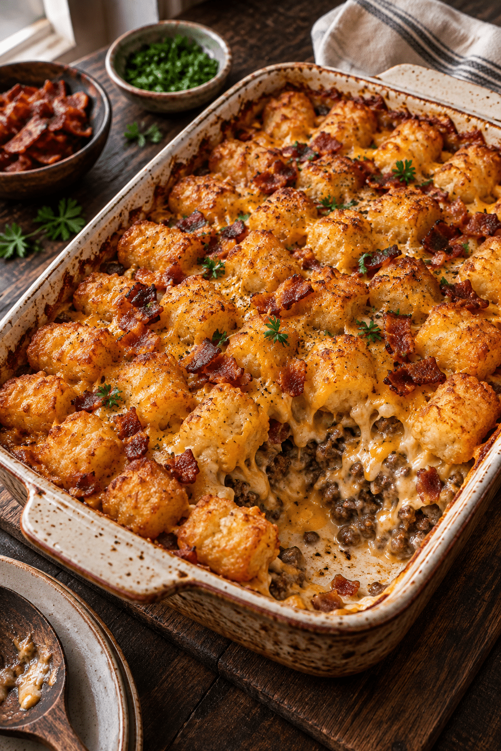 Bacon cheeseburger tater tot casserole finished dish