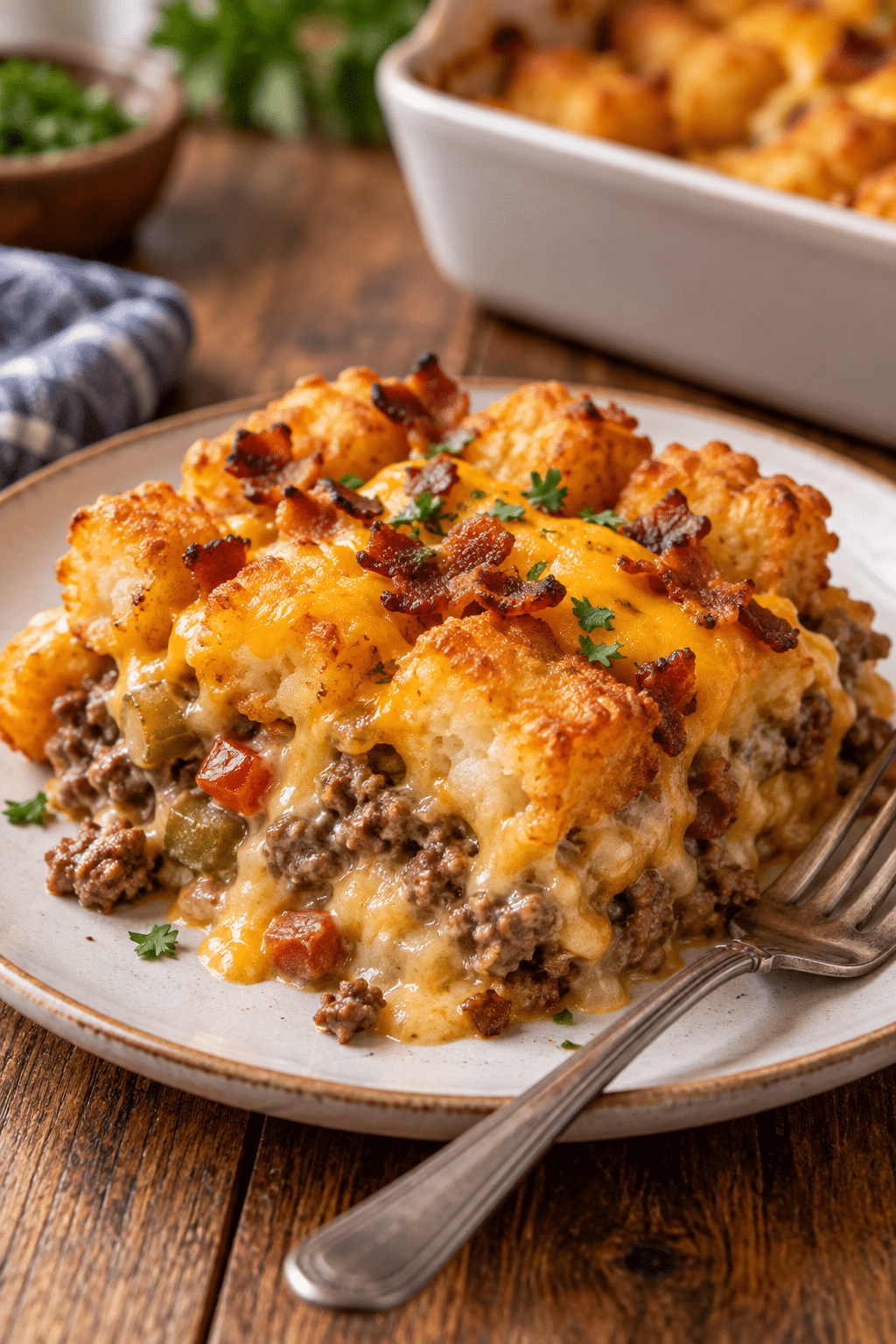 Bacon cheeseburger tater tot casserole served