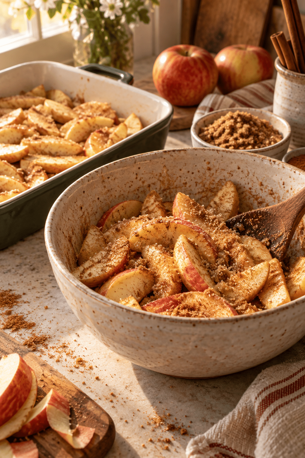 Sliced apples coated with cinnamon