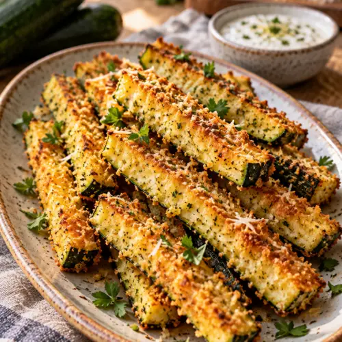 Baked Parmesan zucchini sticks on a serving platter