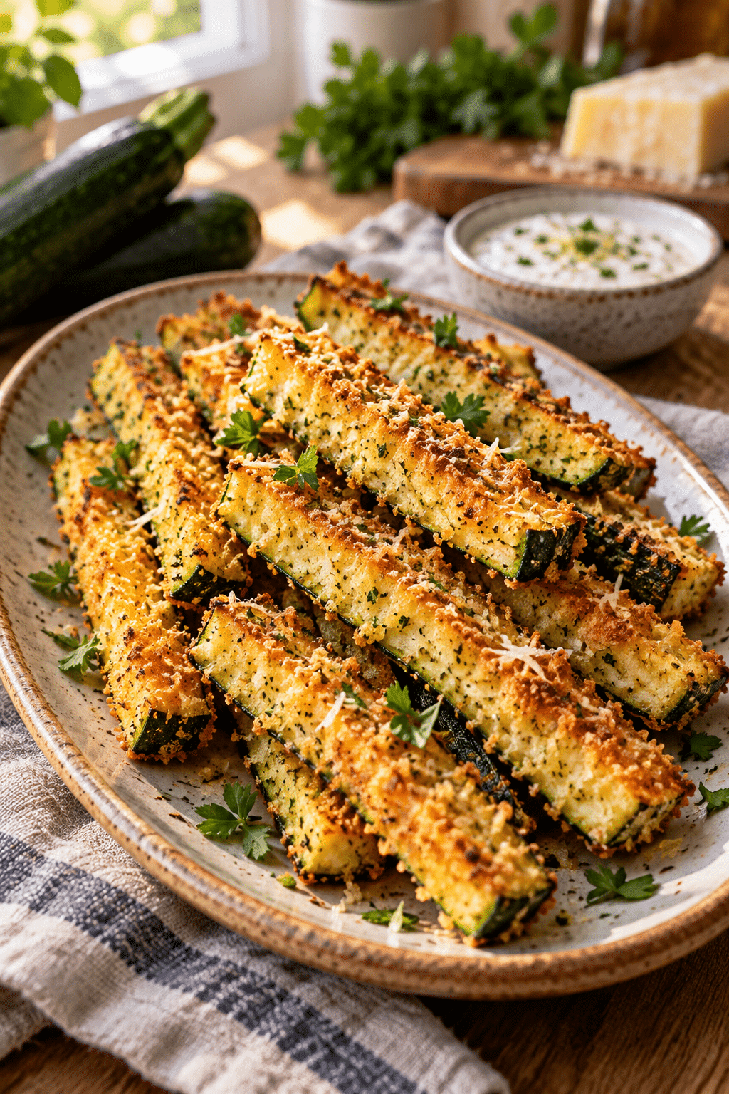 Baked Parmesan zucchini sticks on a serving platter