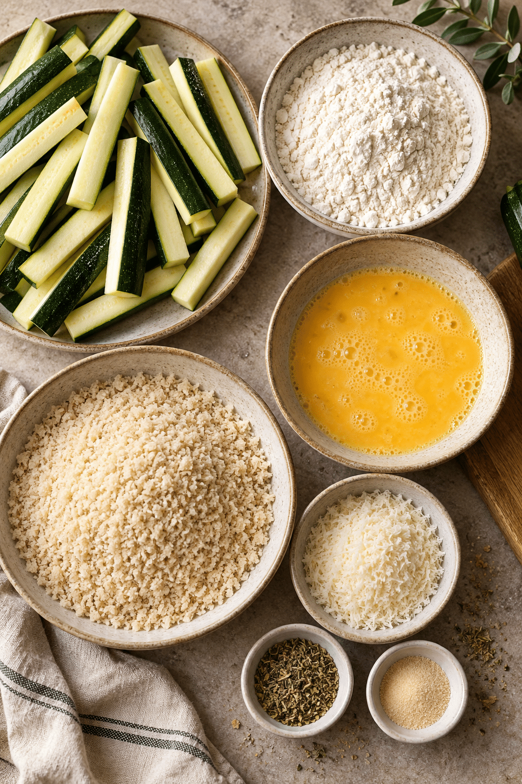 Ingredients for baked Parmesan zucchini sticks arranged for breading