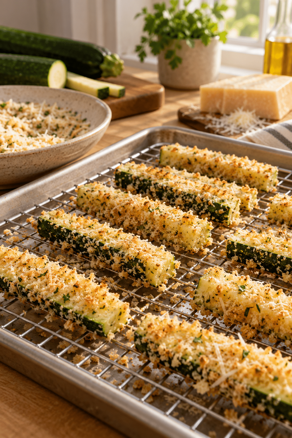 Breading and baking process for baked Parmesan zucchini sticks