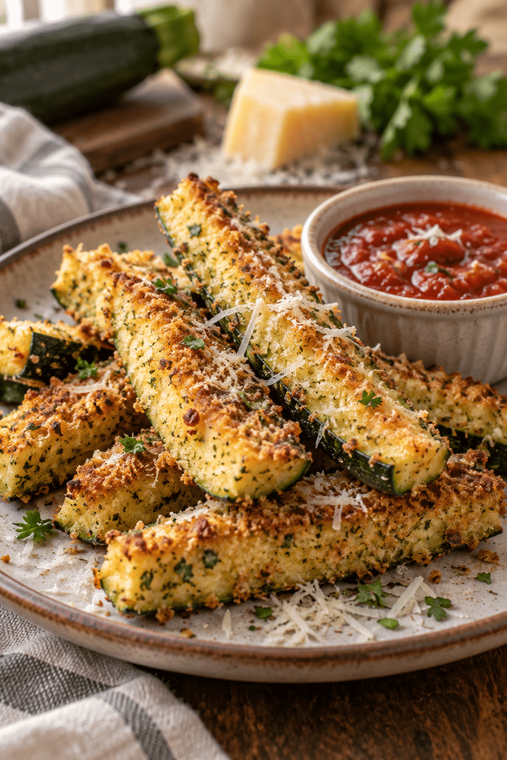 Golden baked Parmesan zucchini sticks ready to serve