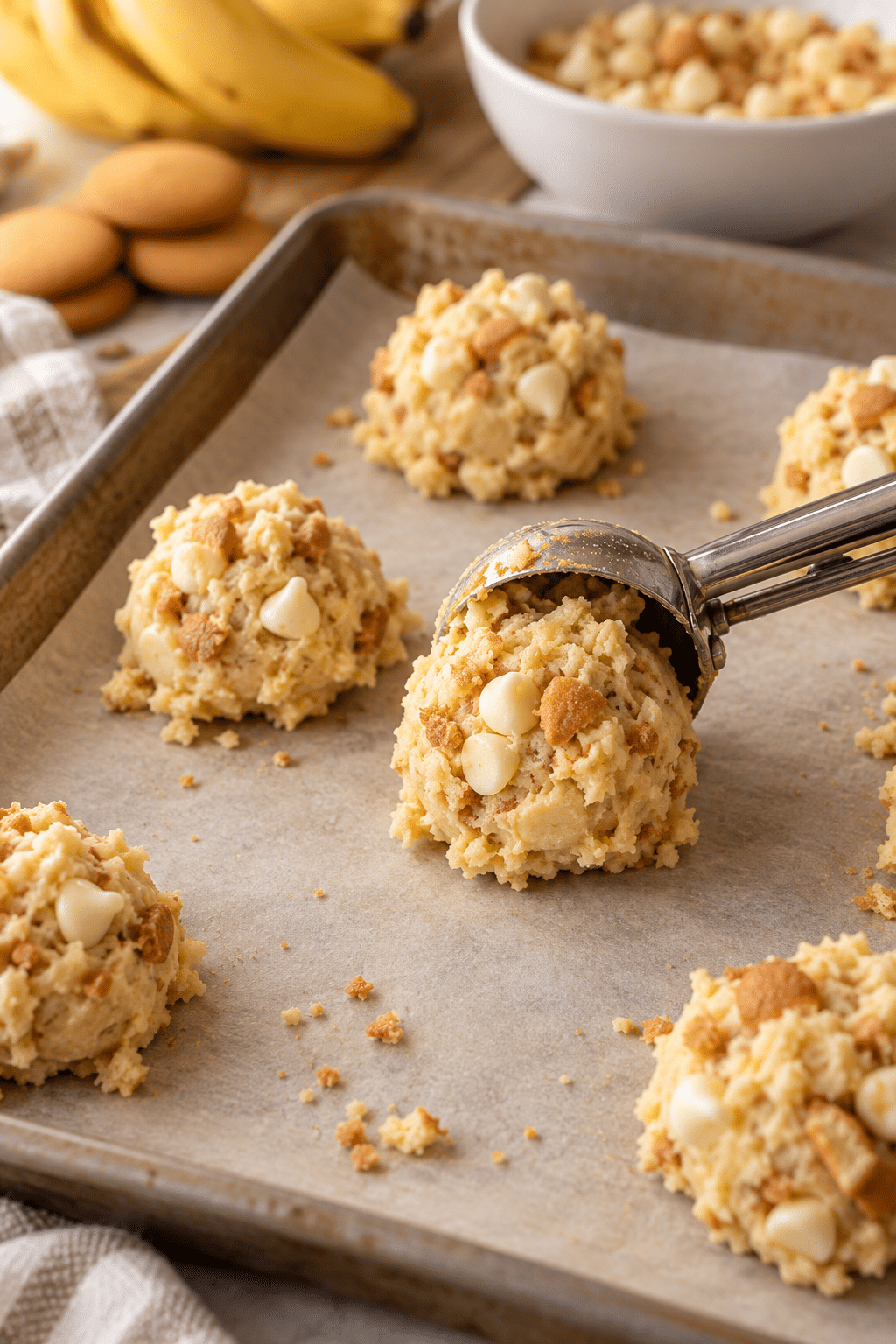 banana pudding cookies dough scooped onto a baking sheet