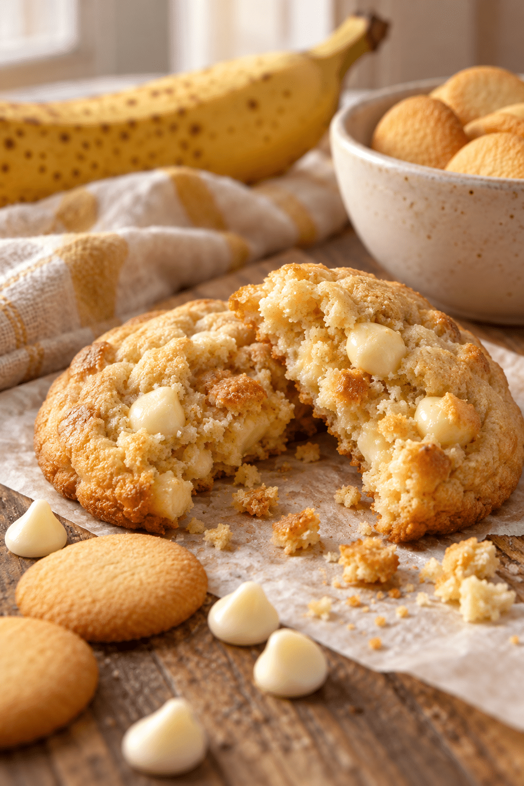 soft banana pudding cookies with vanilla wafer crumbs
