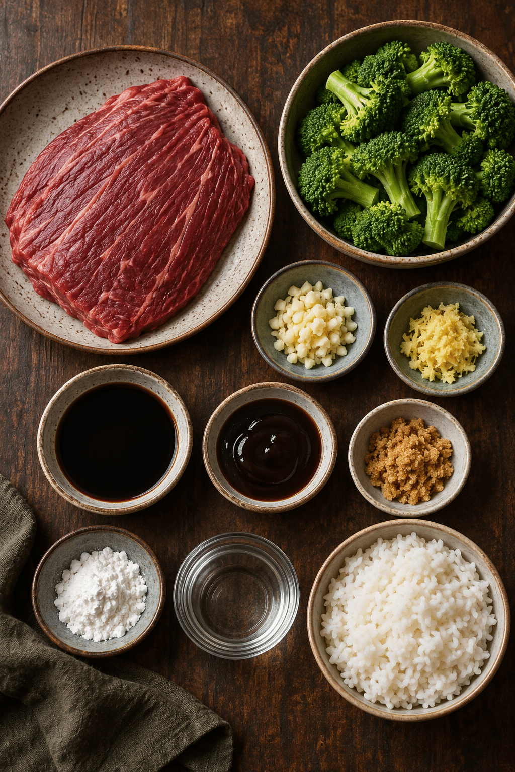 beef broccoli ingredients measured and arranged