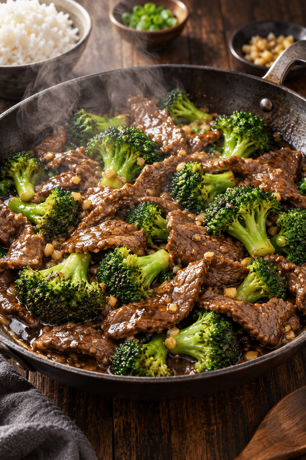 beef broccoli stir-fry cooking in a skillet