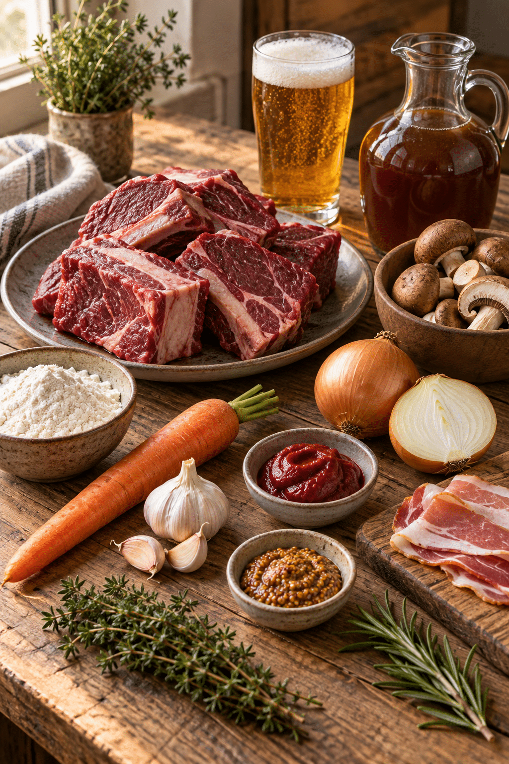 beef carbonnade ingredients arranged for cooking