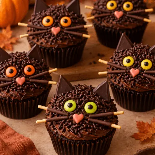 Black cat Halloween cupcakes on a party table
