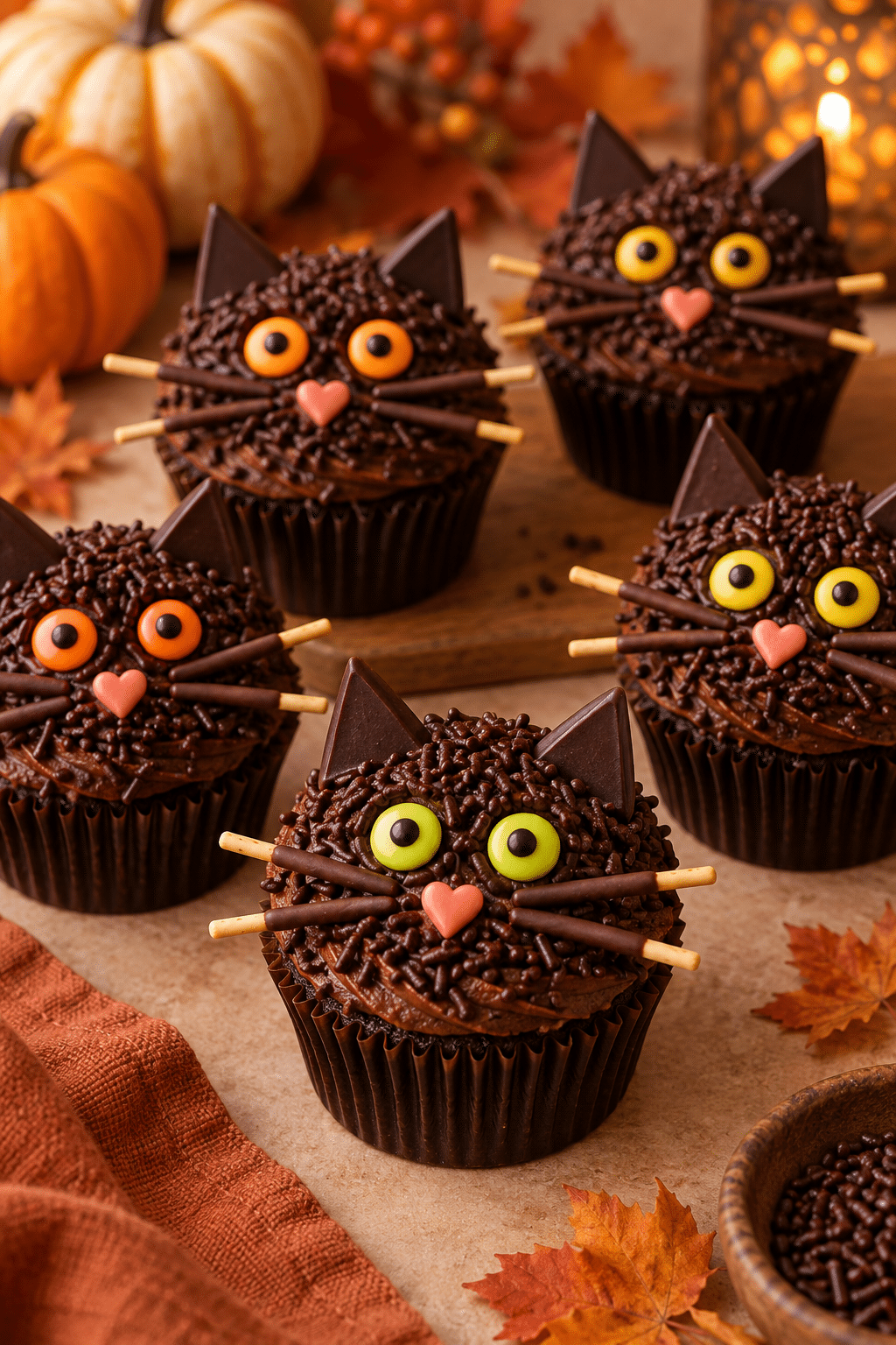 Black cat Halloween cupcakes on a party table