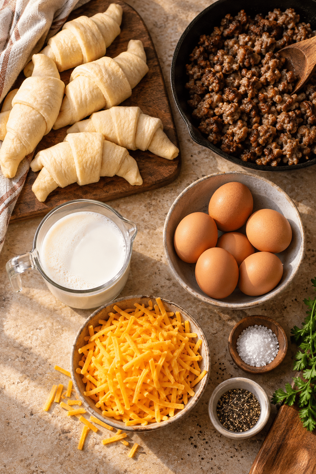 Ingredients for breakfast croissant roll ups arranged on a counter