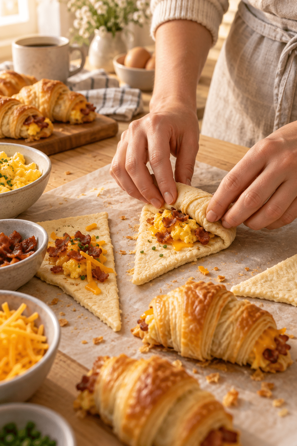 Filling and rolling breakfast croissant roll ups