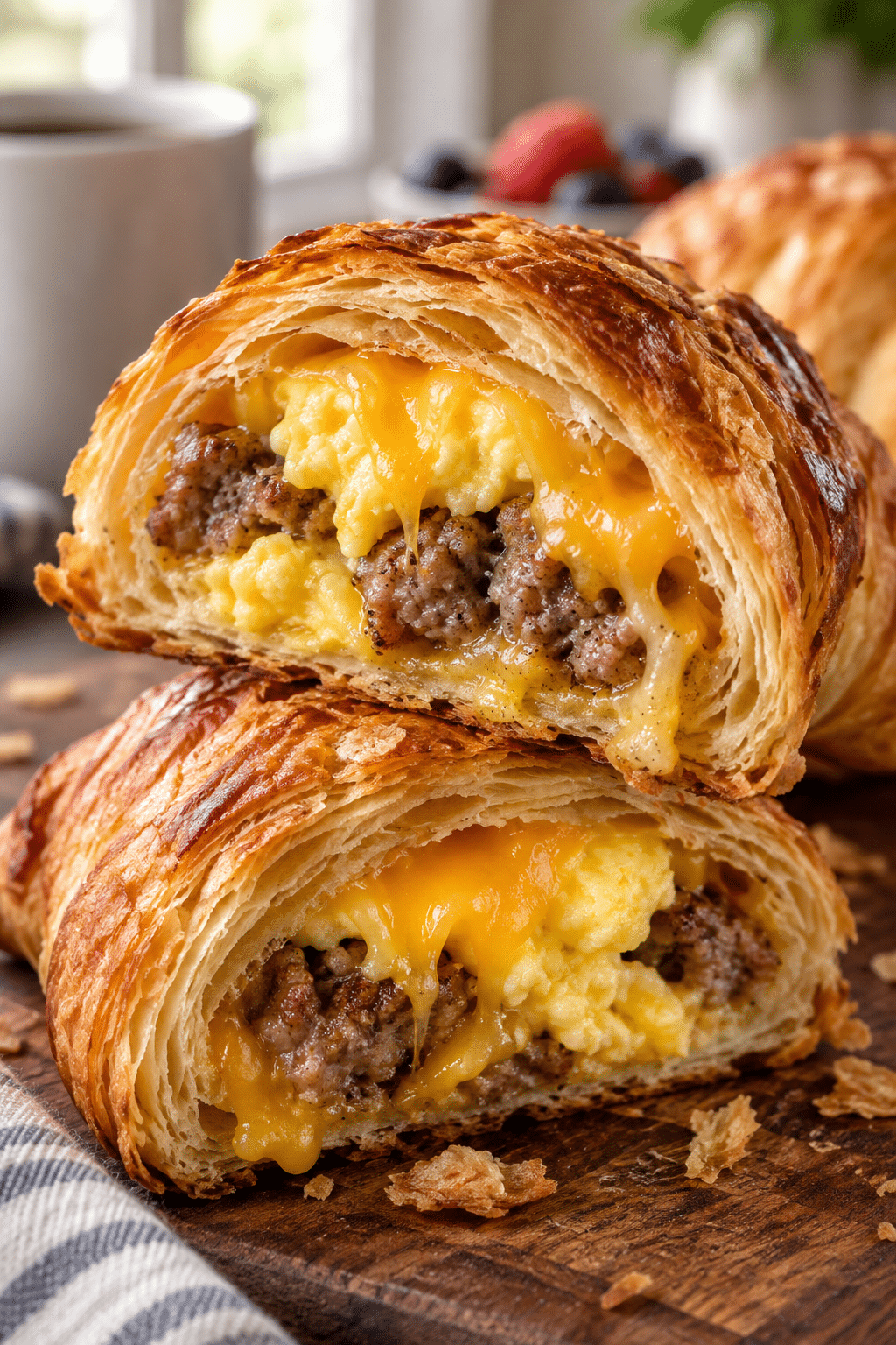 Baked breakfast croissant roll ups showing sausage egg and cheese